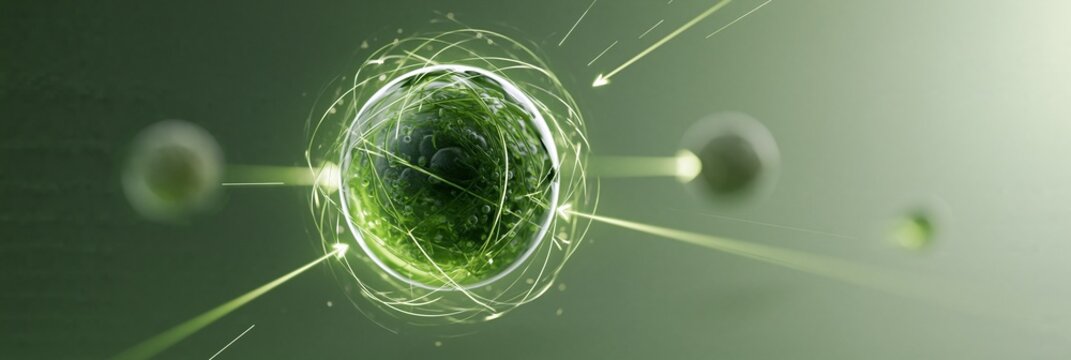 Close medium shot of a vibrant algae cell sphere illuminated by clean futuristic light linked to soybean and sugarcane spheres via glowing arrows on a subtle carbonneutral gradient