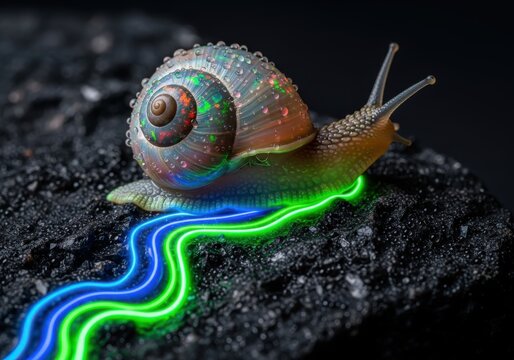 Surreal Snail with Iridescent Opal Shell and Glowing Neon Light Trail on Dark Textured Ground