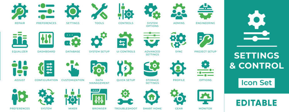 Settings and Control Icon Set - UI dashboard configuration, system preferences, admin panel, and software setup icons