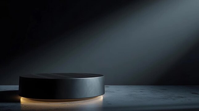 Black pedestal stage spotlight beam studio background dark room minimalist display round platform glossy surface dramatic light shadow, dark stage pedestal with spotlight empty round platform