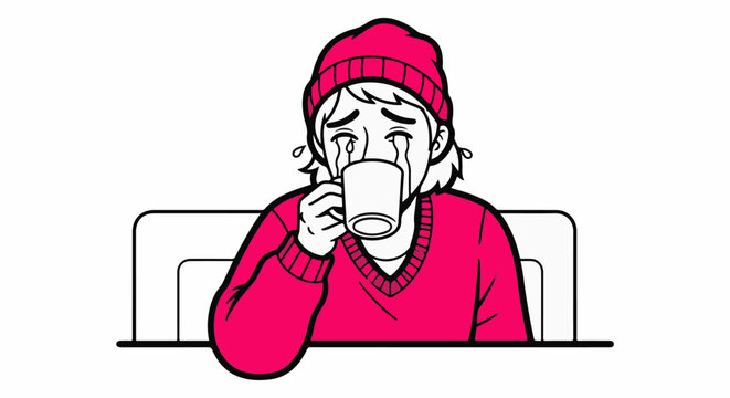 Stressed person drinking coffee at a computer desk.