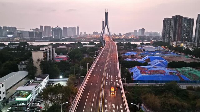 Empty Urban Bridge and Skyline at Dusk in Nanchang, Jiangxi, China