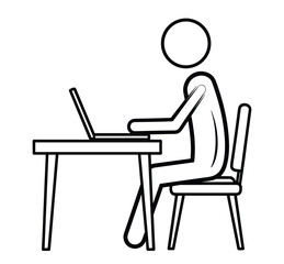 Fototapeta premium Stick man figure sitting at desk working on laptop computer outline vector icon character.