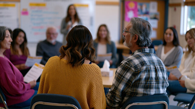 Elderly couple in grief support group circle seated in community center meeting room, eight participants holding printed program guides, a facilitator speaking beside whiteboard with session agenda 