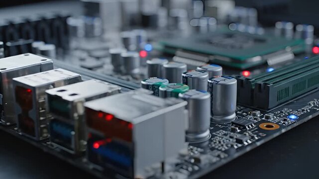 Closeup of a Computer Motherboard with CPU and Components.