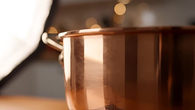 Closeup of a gleaming copper pot on a wooden surface.