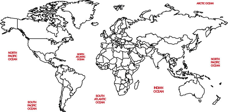 Outline world map with country borders and ocean names a minimalist vector
