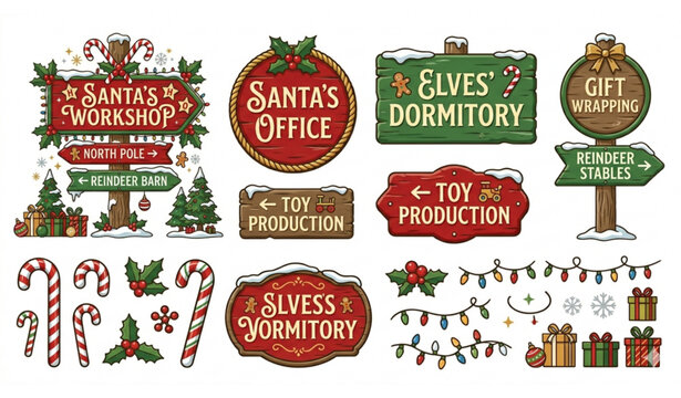 Santa workshop direction sign vector with festive Christmas wooden board illustration