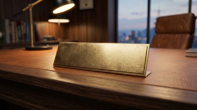 Empty golden nameplate on a polished wooden desk in a modern office with a city view