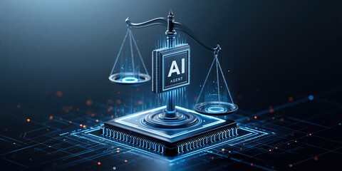 Fototapeta premium AI agent balancing digital justice and finance innovation futuristic circuitry courtroom scene blending law technology