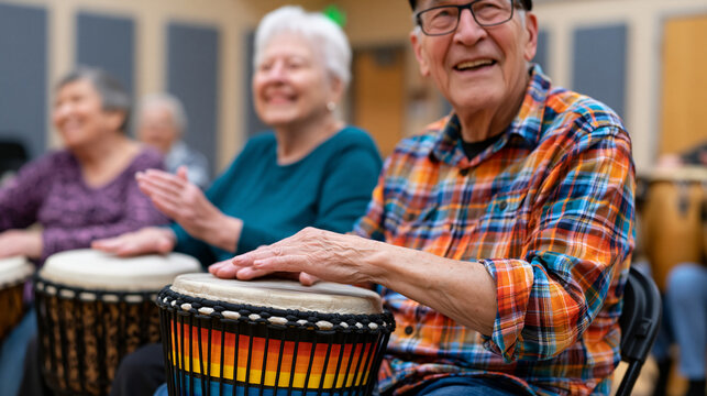 Retirement village activity director leading seated drumming circle in community hall, residents aged seventy to ninety striking hand drums with focused delight, cultural instruments from multiple t