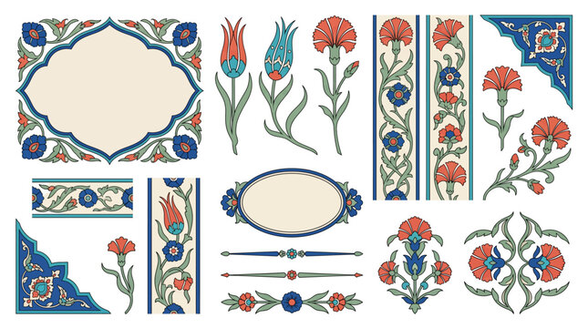Ottoman Iznik tulip floral ornament vector set with arabesque borders, carnation motifs, decorative frames and Turkish vintage elements