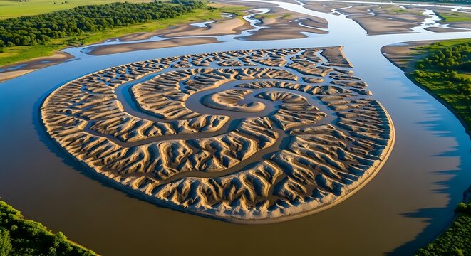 Aerial view of intricate crop art pattern in field.