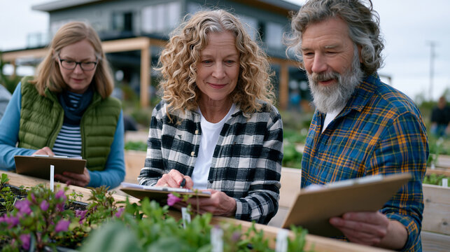 Senior co-housing residents tending shared raised vegetable beds outside low-rise communal building, three women and two men comparing seedling progress on clipboards, rural landscape stretching bey