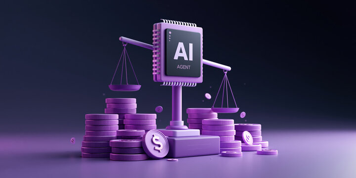 AI agent balancing finance stacks in purple concept scene showing money scale and coin pile with smart algorithm guidance