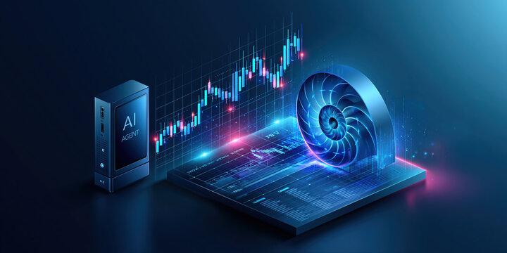 Ai agent finance futuristic trading interface with spiral shell visualization and glowing data chart conveying intelligent