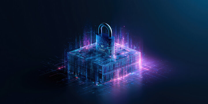 Ai agent finance secure server lock protecting digital data center with glowing neon circuitry and futuristic security aura