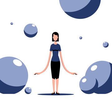Woman surrounded by floating blue spheres, feeling wonder or surprise