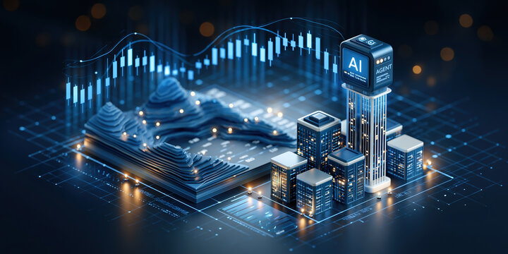 Ai agent finance futuristic data cityscape with digital topography and glowing trading chart evoking innovation and analytical