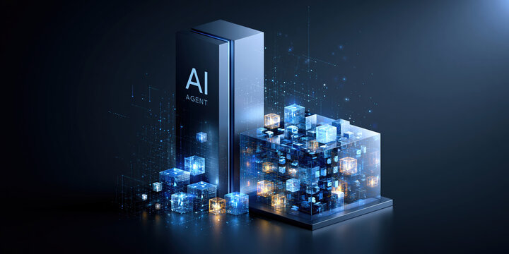 Ai agent finance futuristic data center with glowing blockchain cubes and server tower conveying smart automated finance
