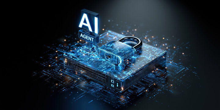 AI agent secures digital finance platform with glowing padlock circuit board protecting data privacy and intelligent security