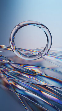 A minimalist abstract render featuring a transparent, toroidal shape resting on flowing, iridescent, ribbon-like glass structures against a soft blue gradient background.