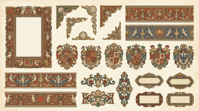 Spanish Plateresque ornamental frame border vector set with heraldic shields, pomegranate motifs, acanthus scrolls and antique decorative labels