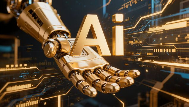 Close up golden "Ai" 3D text is floating over the golden robot hand , gold light hight technology effect is background , futuristic image.