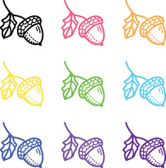 Oak nut acorn and leaves vector icon collection with colorful gradient outline elements. © nidrarani