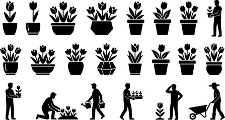Fototapeta premium Collection of potted tulips and garden plants with various pots and people gardening watering and carrying plants isolated on transparent background.