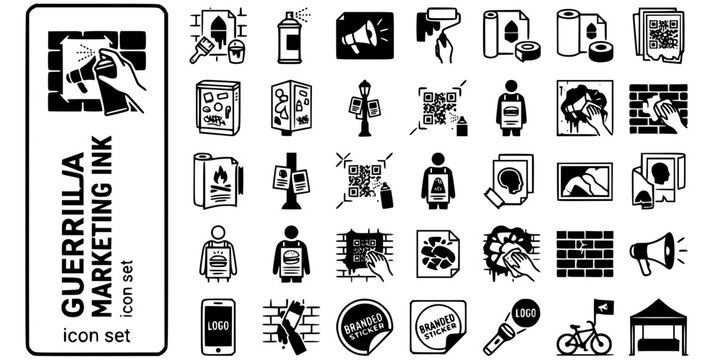 Guerrilla Marketing Ink Black White-Paste Up Urban Wall Stencil-Street Ad Vector-Guerrilla Icon Ink-Advertising Design Set
