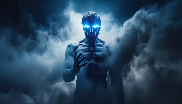 A muscular, shirtless male figure glows intensely with blue light emanating from his eyes, surrounded by dark, swirling smoke or clouds.