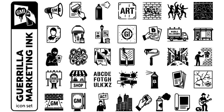 Guerrilla Marketing Ink Black White-Paste Up Urban Wall Stencil-Street Ad Vector-Guerrilla Icon Ink-Advertising Design Set
