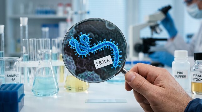 Scientist examining a sample of the ebola virus under a magnifying glass