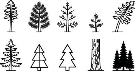 Various tree silhouettes and line art illustrations of pine trees and trunks © VectoLover