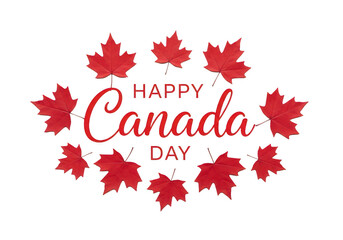 Fototapeta premium Red maple leaf wreath framing the text of happy canada day celebration PNG isolated on transparent background