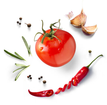 art Fresh tomato, chili pepper, rosemary herb isolated on white background. Transparent background and natural transparent shadow; Ingredient, spice for cooking. collection for design