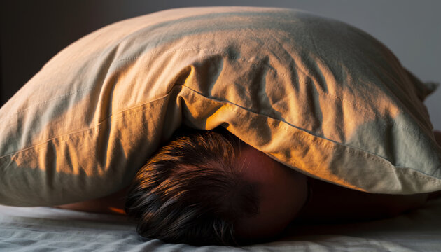 A person's head is buried under a light-colored pillow, seeking cover or trying to block out bright, warm morning light filtering in.