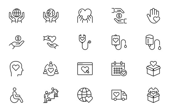 Charity and Donation Line Icon Set for Helping Hands, Volunteer Support, Fundraising, Nonprofit Care and Social Welfare Outline Vector Collection