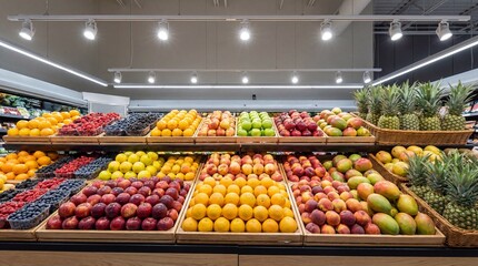 Obraz premium A dreamlook presentation of colorful fresh fruits and produce perfectly arranged in a modern grocery store aisle, promoting healthy eating choices