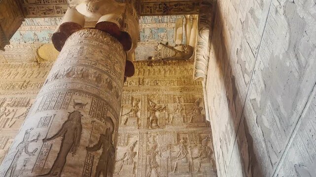 Beautiful vaults and bas-reliefs in the ancient temple complex of Dendera, Qena, Egypt.