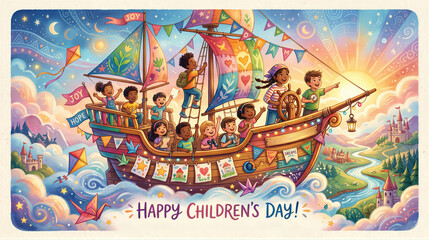 Naklejka premium Happy Childrens Day illustration with a diverse group of kids sailing on a magical flying ship. Cartoon children exploring a colorful dream world with castles, sun, and stars.