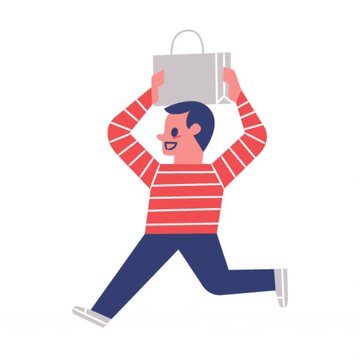 Animated cartoon boy carrying shopping bags with a happy expression, representing fun shopping and cheerful consumer lifestyle.