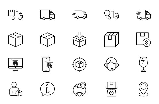 Delivery and Shipping Line Icon Set for Courier Service, Package Tracking, Logistics, Fast Transport and E-Commerce Distribution Outline Vector Collection