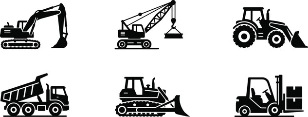 Heavy Machinery Vector Icons Set Featuring Excavator Crane Backhoe Dump Truck Bulldozer and Forklift Silhouettes for Construction Industrial Logistics and Civil Engineering Project Development Assets © Malati