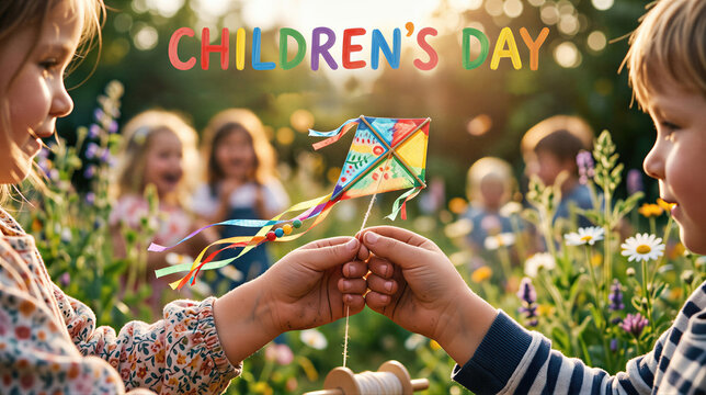 Boy and girl holding colorful kite in summer meadow for Childrens Day celebration. Happy childhood playing outdoor with friends. Joyful weekend in nature with flower and grass.