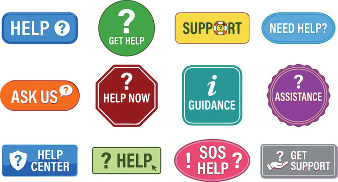 Help support desk user assistance customer service graphic button set vector communication badges