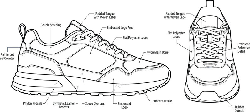 Technical Sneaker Design Flat Sketch Featuring Detailed Callouts for Nylon Mesh Upper Phylon Midsole and Rubber Outsole for Footwear Manufacturing Fashion Production and Product Development Assets