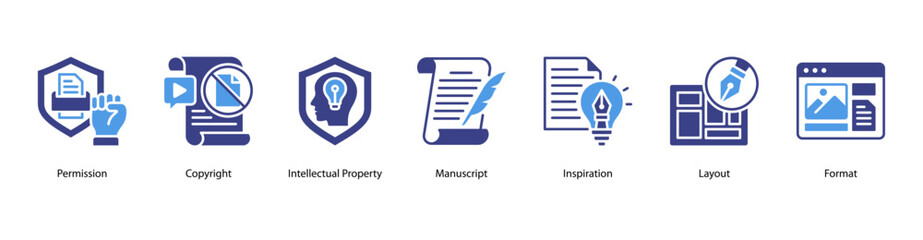 Obraz premium Creative Works web banner icon vector illustration featuring Permission, Copyright, Intellectual Property, Manuscript, Inspiration, Layout, and Format.