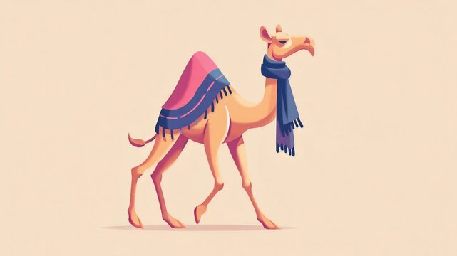 Cartoon Camel Walking Gracefully Across a Sandy Desert Background.